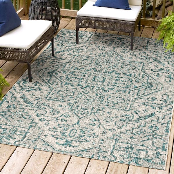 Teal/Gray 9 ft. x 12 ft. Estrella Bohemian Medallion Textured Weave Indoor/Outdoor Area Rug