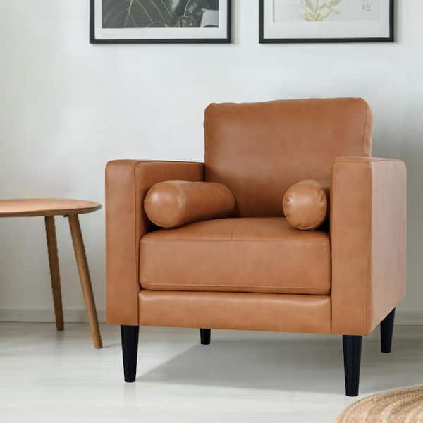 HOMESTOCK 33 in. Mid-Century Tan Top Grain Leather Arm Chair