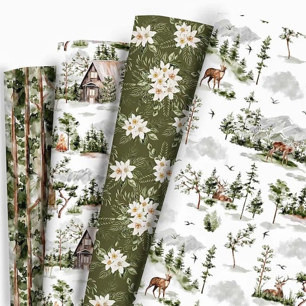 20 x 28 in. Watercolor Holiday Style Gift Wrapping Paper 8 Folded Sheets Christmas Tree Winter Wedding Baby Shower