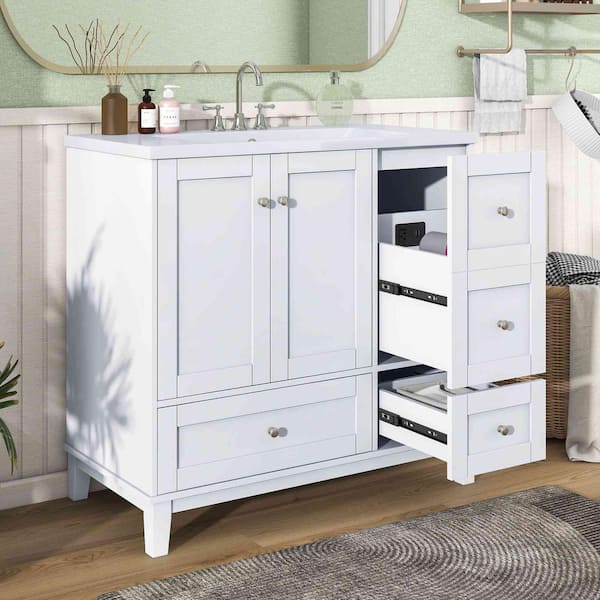 Ami 36 in. W White Freestanding With White Resin Top Bathroom Vanity Cabinet With USB Charging and 3 Drawers