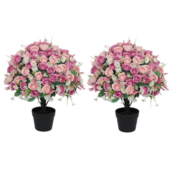 24 in. Red Artificial Rose Flower Ball Topiary with Black Pot, Faux Floral Plant for Front Door, Porch Decor, Set of 2