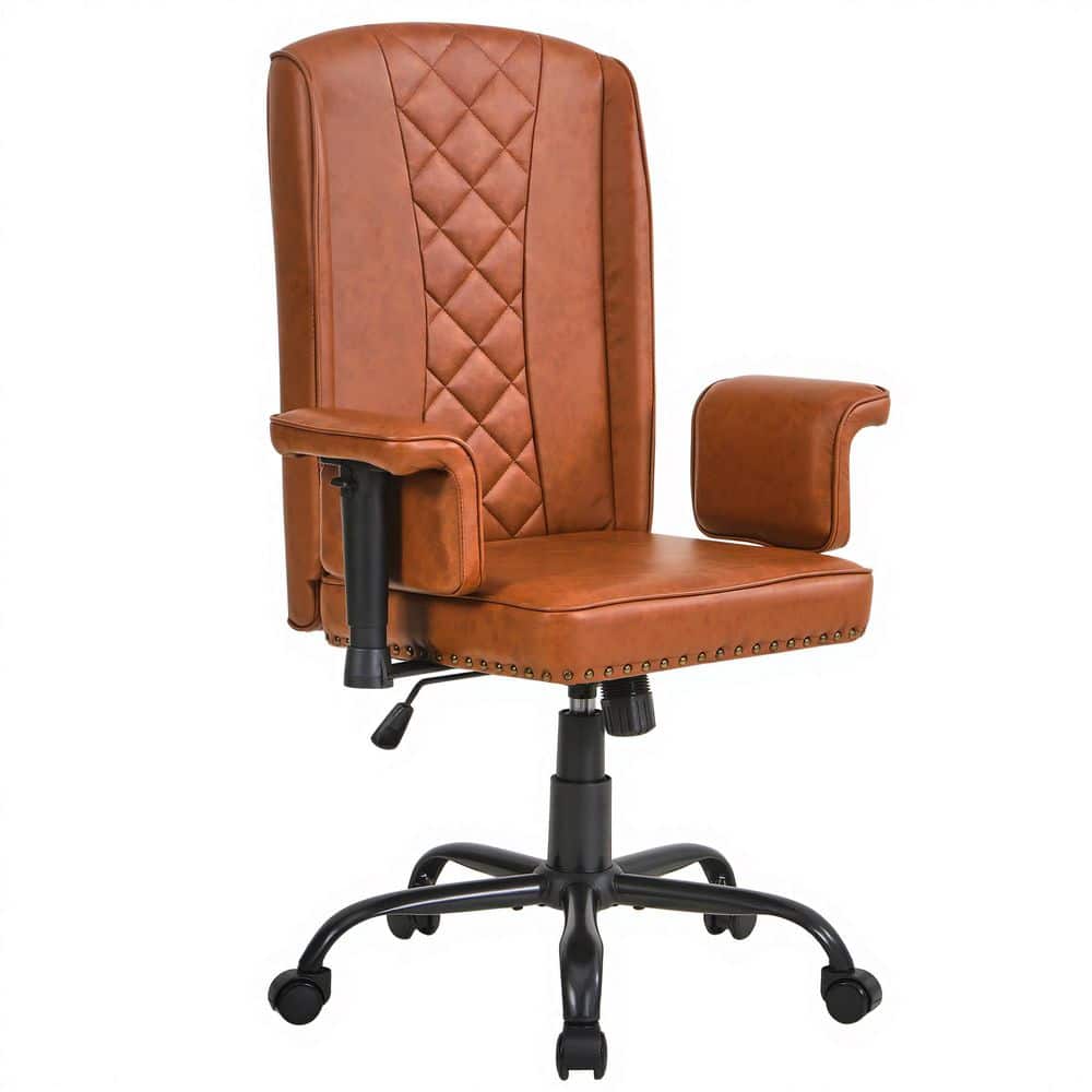 High Back Office Chair Faux Leather Wheels Task Chair in Brown with Adjustable Armrests-Swivel Desk Chair