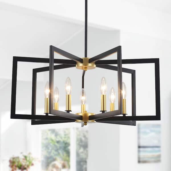 7-Light Farmhouse Rectangular Black and Gold Hanging Linear Island Chandelier Lighting for Kitchen Island