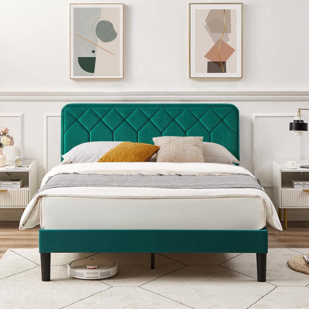 VECELO Bed Frame With Upholstered Headboard, Green Metal Frame Full ...