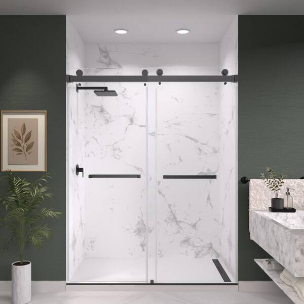 Catalyst 60 in. W x 84 in. H Double Sliding Frameless Shower Door in Matte Black with 3/8 in. Clear Glass