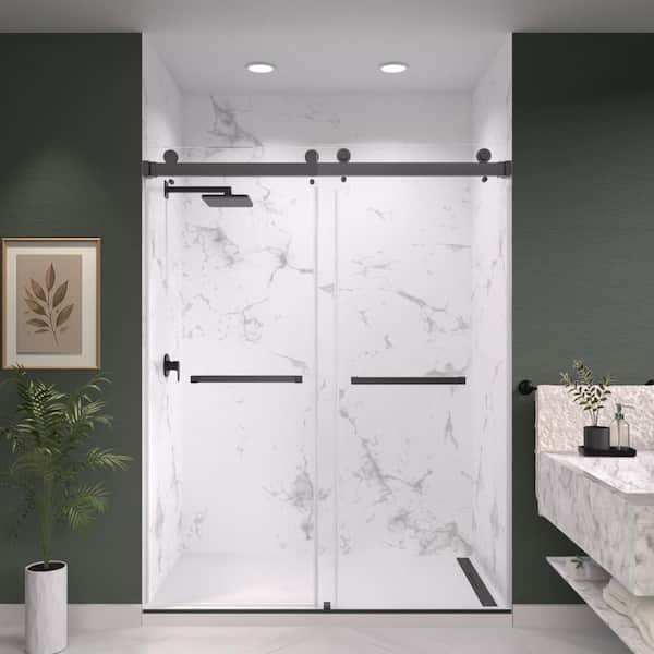 Catalyst 68 to 72 in. W x 84 in. H Double Sliding Frameless Shower Door in Matte Black, 3/8 in. Clear Tempered Glass