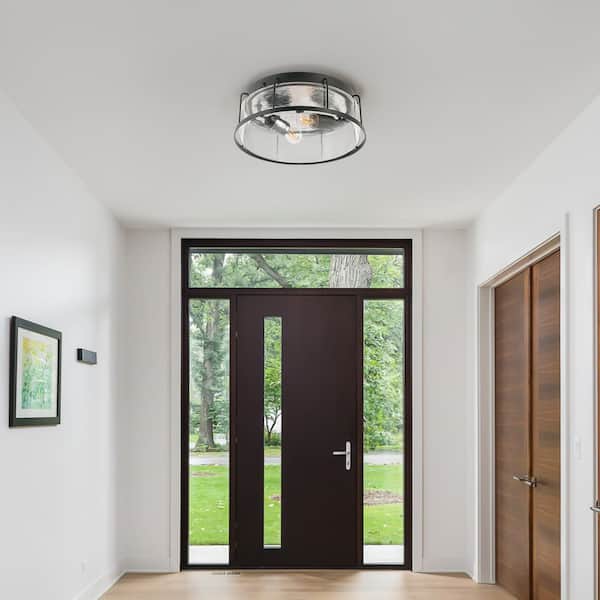 13 in. W 2-Light Flush Mount Indoor Drum Shape with Clear Glass Shade, Matte Black (Bulb Not Included)