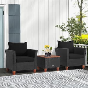 3-Piece Patio Rattan Furniture Set Cushioned Sofa Storage Table with Wood Top Black