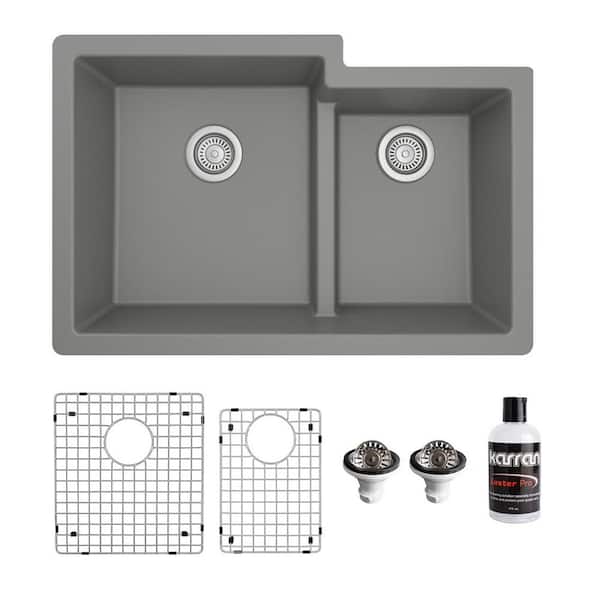 Karran QU-811 Quartz/Granite 32 in. Double Bowl 60/40 Undermount Kitchen Sink in Grey with Bottom Grid and Strainer