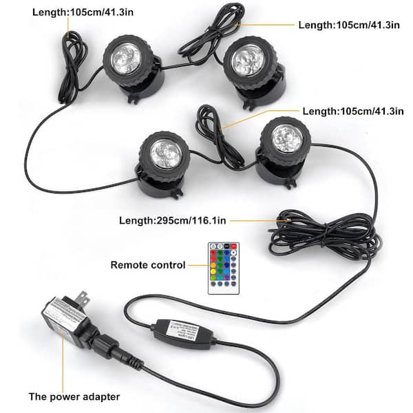 Adrinfly RGB LED Underwater Submersible Pond 4-Light with Timer