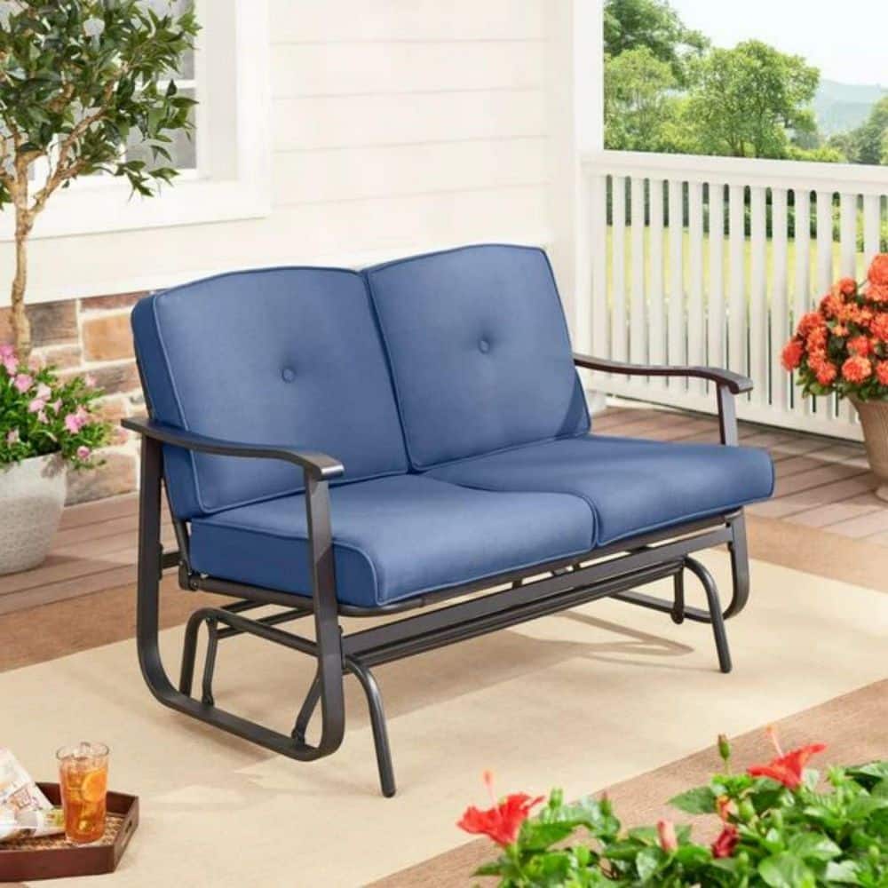 Belden Park 46 in. 2-Person Furniture Patio Metal Outdoor Glider with Blue 