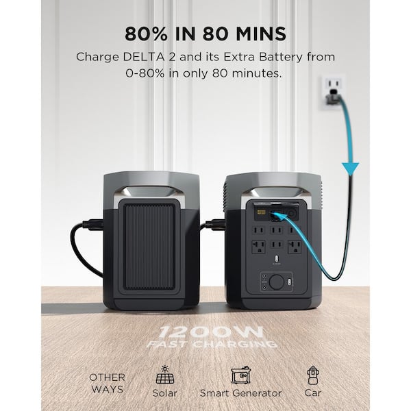 EcoFlow - 1800W Output/2700W Peak Delta 2 Push-Button Start Power Station Battery Generator with DELTA 2 Extra Battery