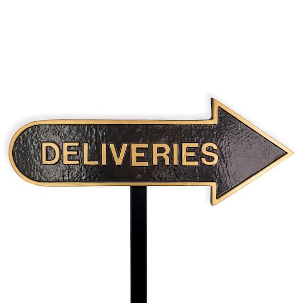 Montague Metal Products 6 in. x 15.5 in. Right Arrow Deliveries Statement Plaque Sign with Lawn Stake-Black/Gold