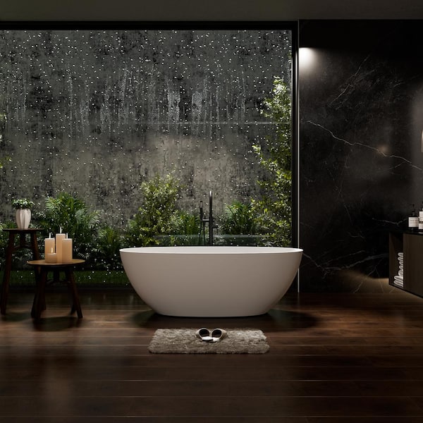 VANITYFUS 67.32 in. x 32.28 in. Oval Solid Surface Stone Resin Freestanding Double Slipper Soaking Bathtub in Matte White