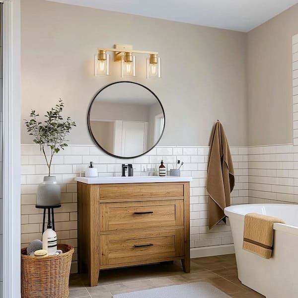 18 in. 3-Light Gold Vanity Light for Powder Room or Dressing Room with Cylinder Clear Glass Shades