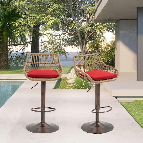 HOMEFUN 43 in. Anti-Bronze Metal Frame Adjustable Outdoor Bar Stool with Red Rattan Removable Cushioned Seat (Set of 2)