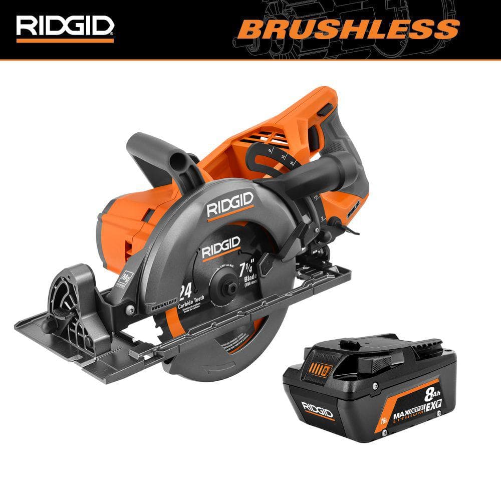 RIDGID 18V Brushless Cordless 7-1/4 in. Rear Handle Circular Saw with 18V 8.0 Ah MAX Output EXP Lithium-Ion Battery -  8658840080