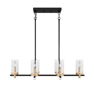 31.88 in. 6-Light Farmhouse Rustic Black Chandelier Kitchen Island Hanging Light with Seeded Glass Cylinder Shade