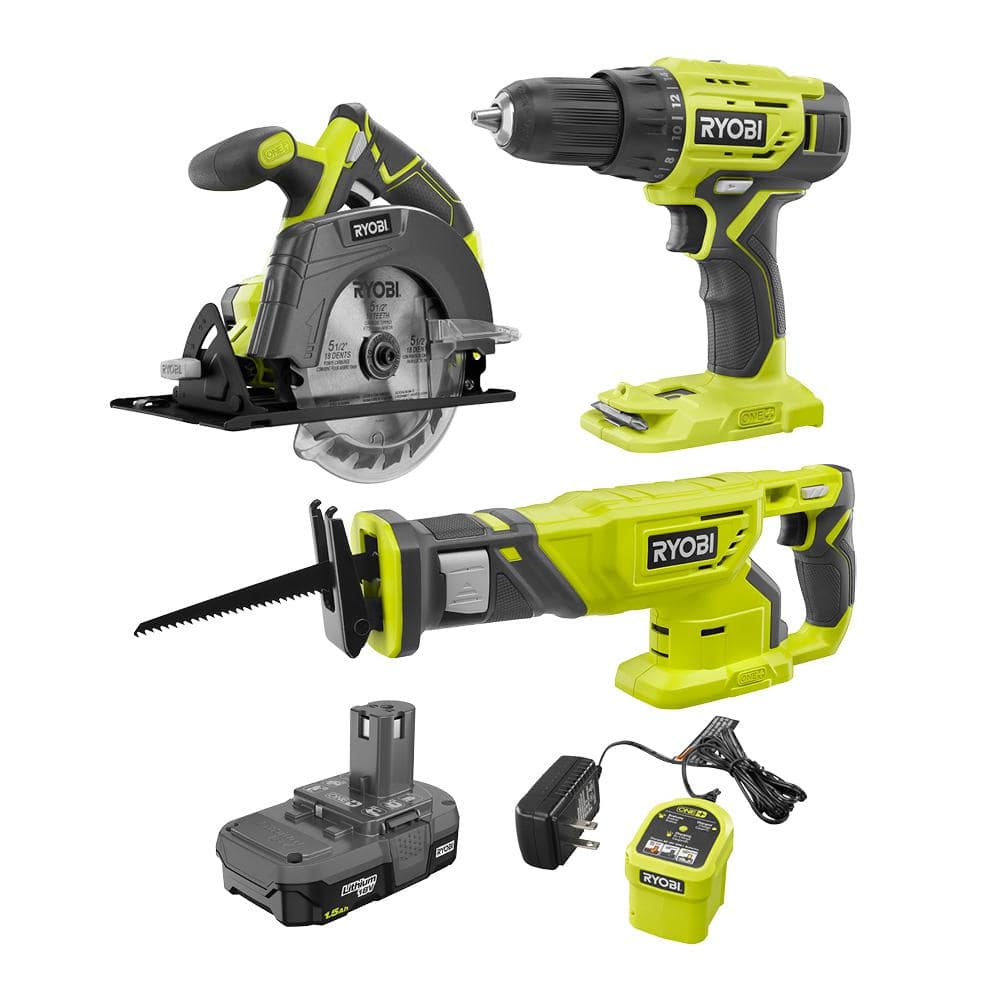 RYOBI ONE+ 18V Lithium-Ion Cordless Combo Kit (3-Tool) with (1) 1.5 Ah Battery and Charger -  PCK100K