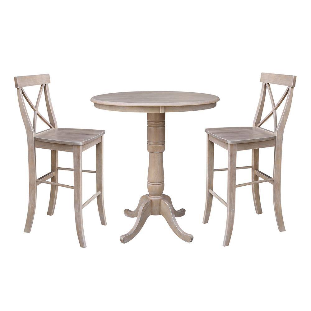 Weathered Gray Solid Wood Bar Height Dining Set with Round Pedestal Table and Cross Back Stools
