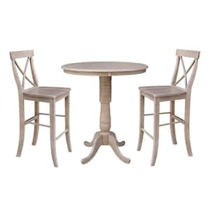 3-Piece Set Weathered Taupe Gray Laurel Solid Wood 36 in Round Bar height Dining Table and 2 Alexa Armless Stools