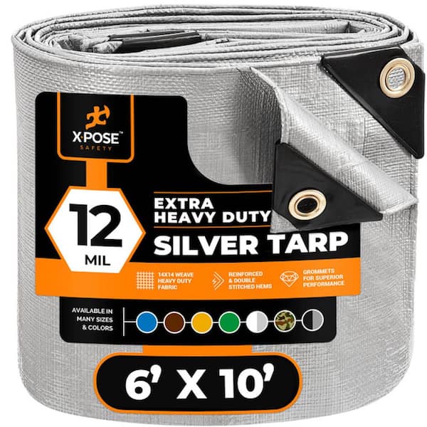 XPOSE SAFETY Heavy-Duty Silver Poly Tarp 6 ft. x 10 ft. Multi-Purpose Protective Cover Durable Extra Thick 12 Mil Polyethylene