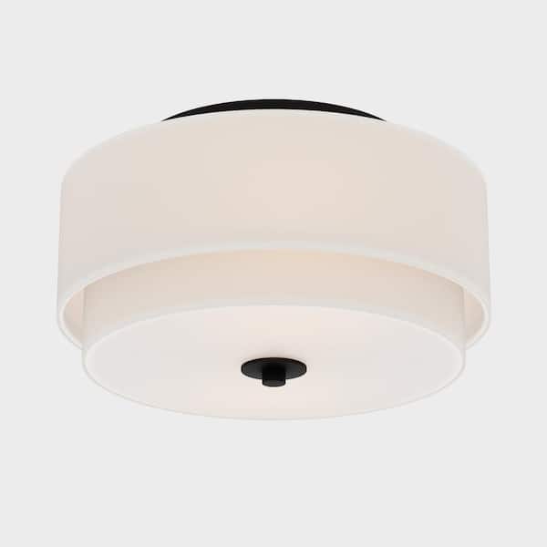 NORTH AVENUE Clarendon 13 in. W Black Mid-Century Modern Flush Mount Ceiling Light Fixture White Fabric Drum Shade