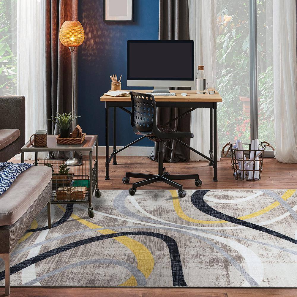 Contemporary Distressed Yellow and Gray Abstract Non-Slip Area Rug 5' x 7'