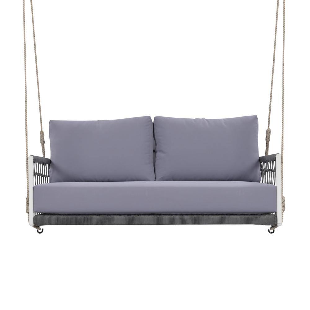 Seating 2 White Frame Metal Porch Swing, Woven Rope Outdoor Swing Sofa, wit