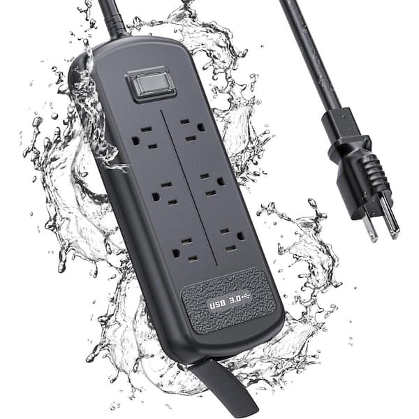 Lukyamzn 6-Outlet Power Strip Surge Protector with 3 USB Ports, 6 ft. Extension Cord - Shockproof and Weatherproof in Black