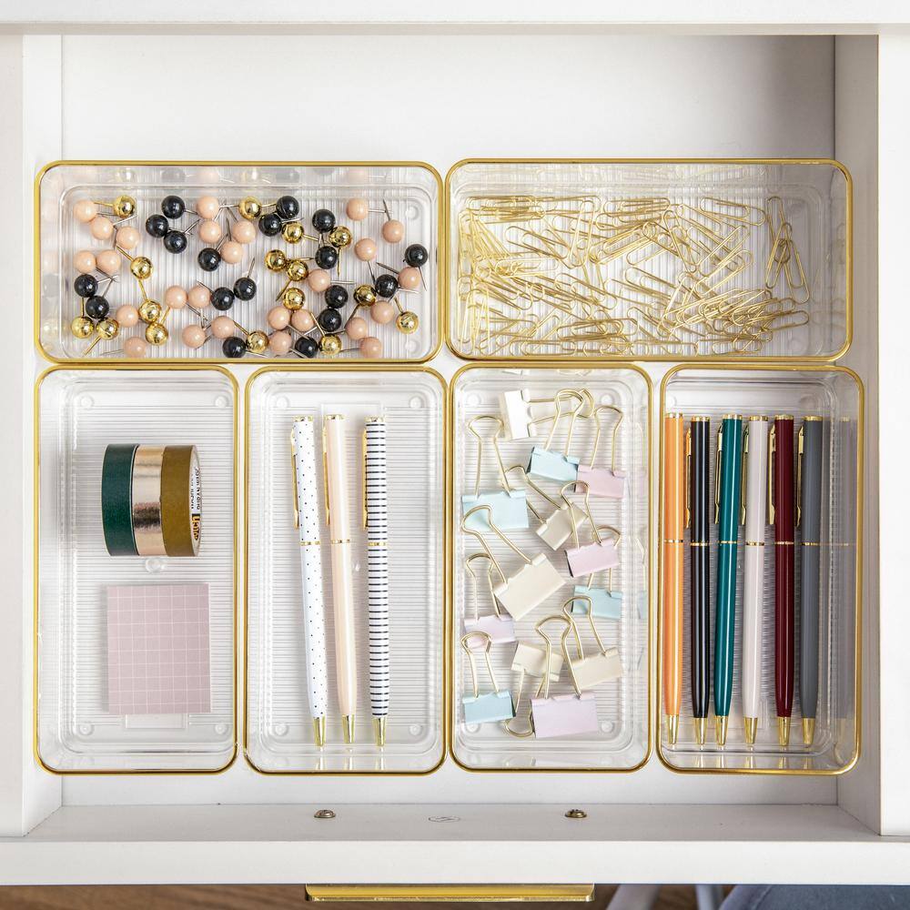 Clear Plastic Stackable Desk Drawer Organizers with Gold Trim, 6 Pack