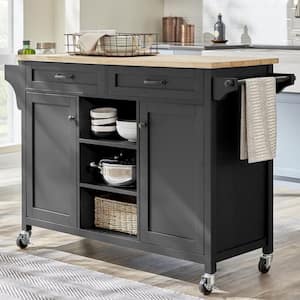 Rockford Black Rolling Kitchen Cart with Butcher Block Top and Double-Drawer Storage (56" W)