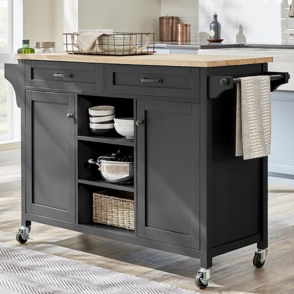 Home Decorators Collection Rockford Black Rolling Kitchen Cart with Butcher Block Top and Double-Drawer Storage (56" W)