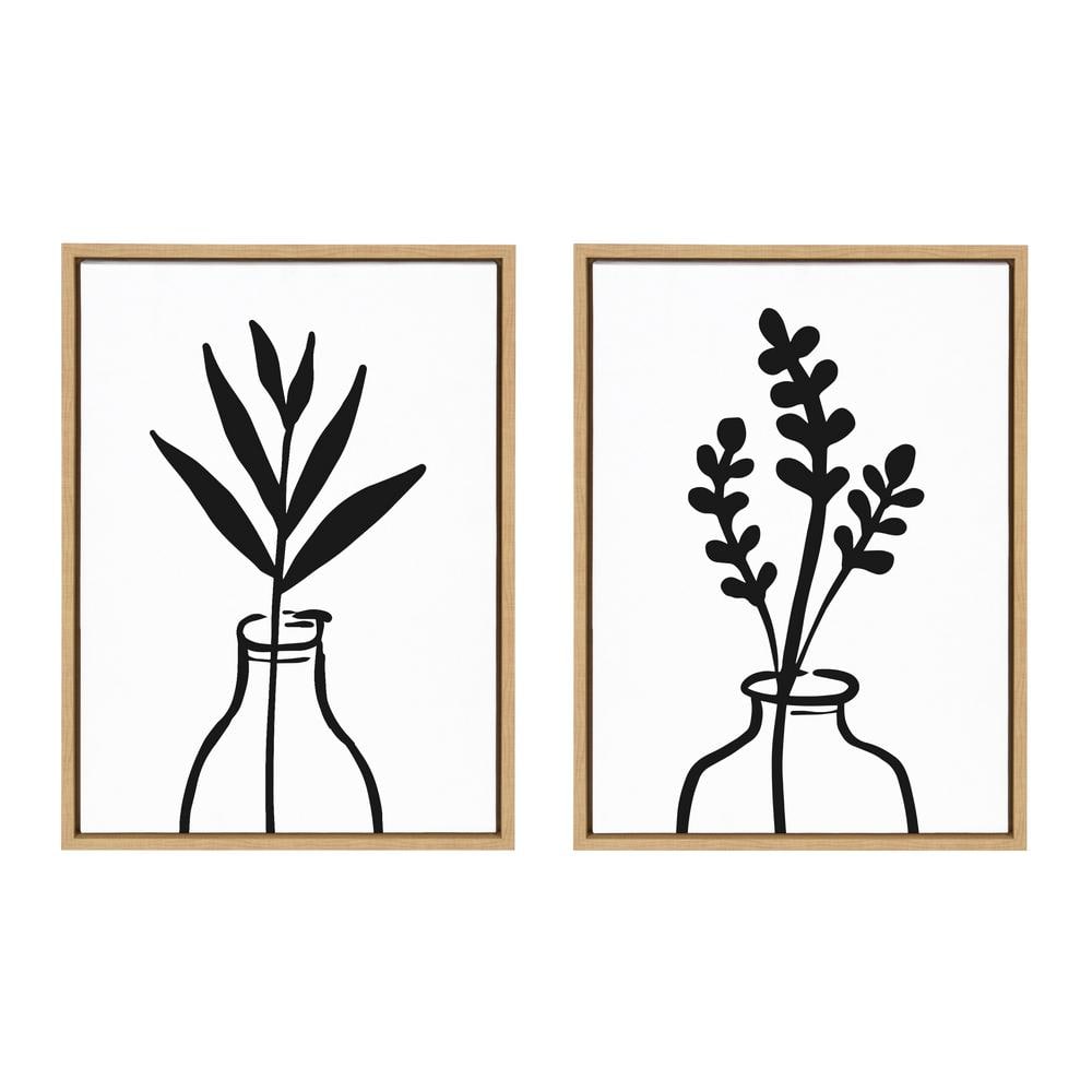Modern Botanical Black and White Canvas Print Set with Natural Frames