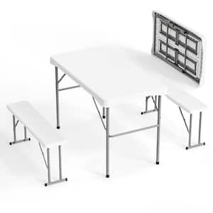 3-Piece White Portable Dining Picnic Plastic Folding Table and Bench Set