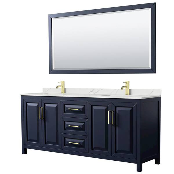 Wyndham Collection Daria 80 in. W x 22 in. D x 35.75 in. H Double Bath Vanity in Dark Blue with Giotto Quartz Top and 70 in. Mirror