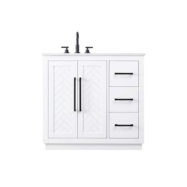 36 in. Single Sink White Bath Vanity with White Engineered Marble Top