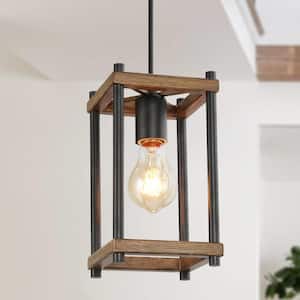 Modern Farmhouse 1-Light Black Mini Island Pendant with Rustic Faux Wood Cage Shade for Foyer Hallway, LED Compatible