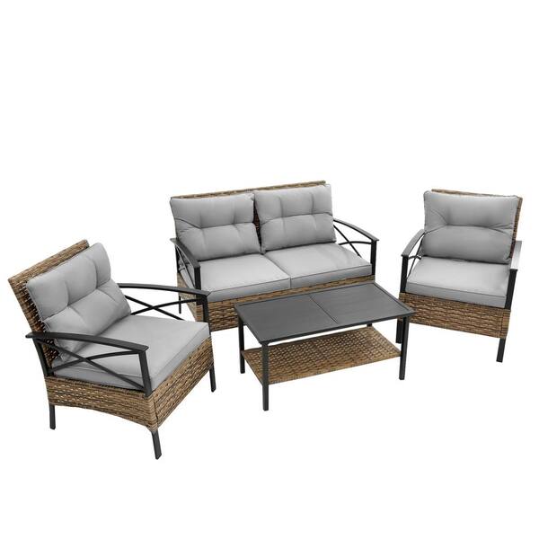URTR 4-piece Metal Frame PE Rattan Wicker Patio Conversation Set Outdoor Dining Sofa and Table Set with Gray Cushion