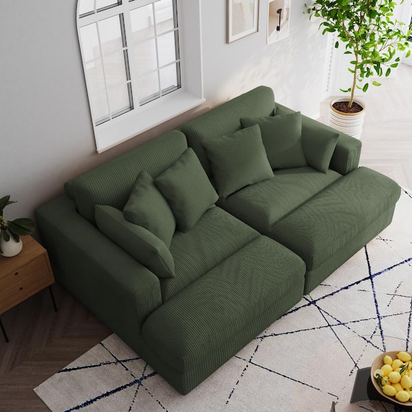 Uixe 83.9 in. W Modern Square Arm Corduroy Upholstered Sectional Sofa in. Green With 4-Square Pillows