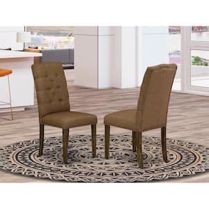 Jacobean, Parson Chairs - Button Tufted Nailhead Trim Brown Linen Linen Fabric Padded Dining Chairs, Set Of 2