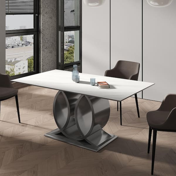 Modern Rectangle White Snowy Mountain Stone Slab Tabletop 62.99in. Stainless Steel Mirror Pedestal Dining Table(6Seats)