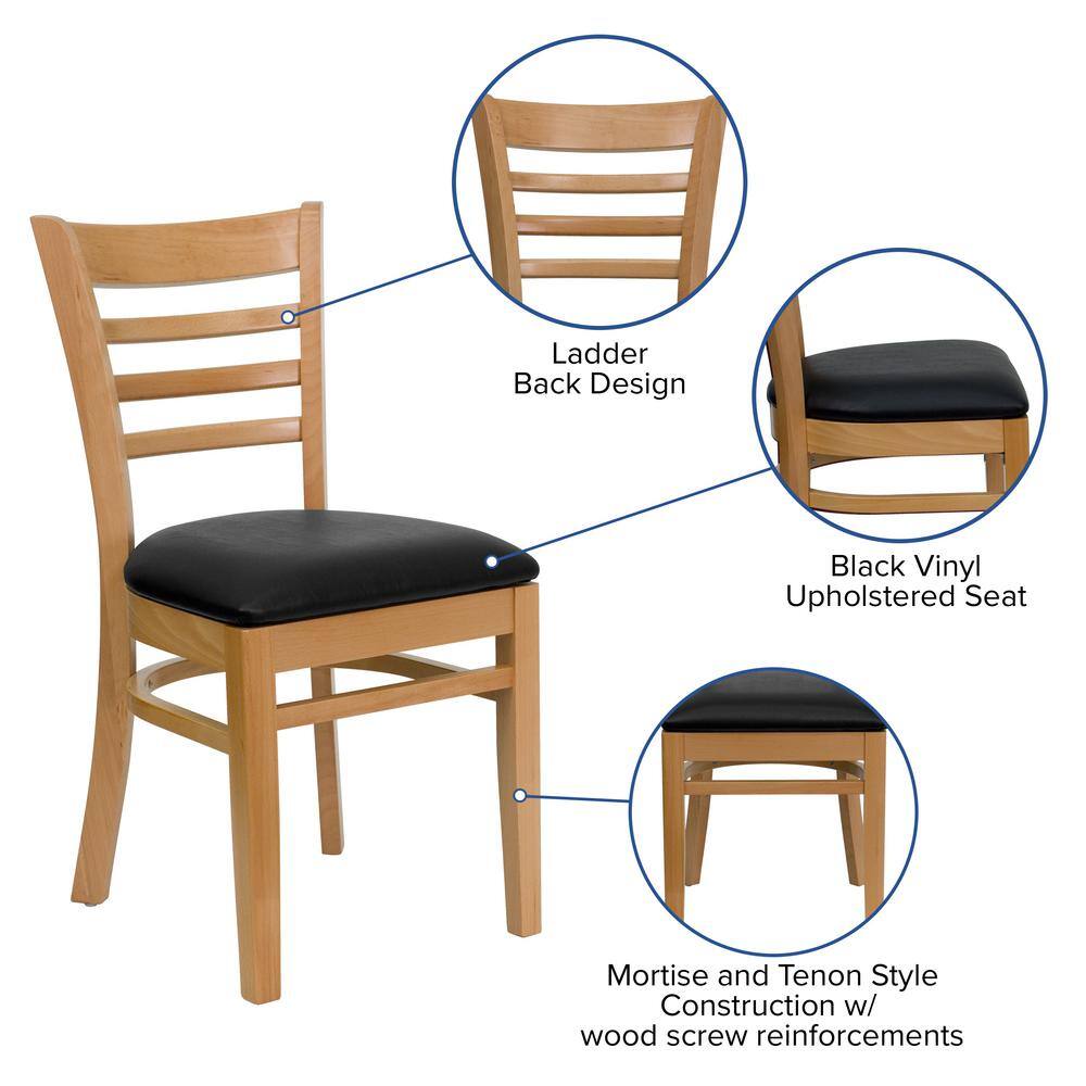 Natural Wood Ladder Back Side Chair with Black Vinyl Seat