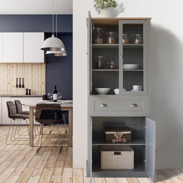 HOMCOM 63.5 Kitchen Buffet with Hutch, Pantry Storage Cabinet with 4 Shelves, Drawers, Framed Glass Doors - Grey