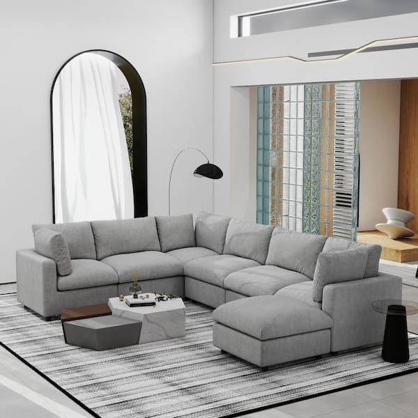 132 in. Square Arm Chenille 7-piece U-Shaped Sectional Sofa with Ottoman, Removable Cover For Living Room Couch in. Gray