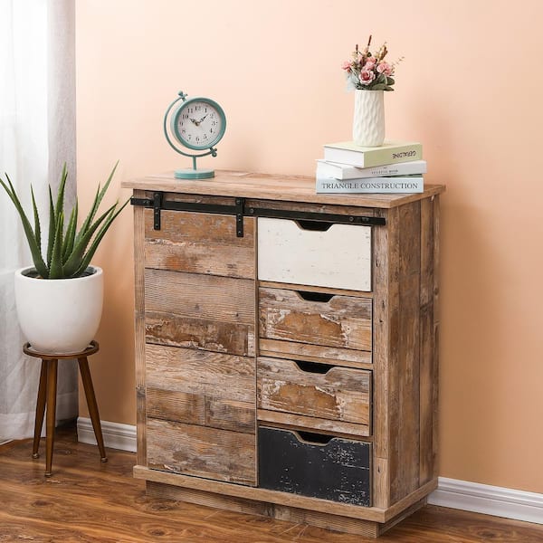 LuxenHome Rustic Wood 4-Drawer 1-Sliding Door Storage Cabinet