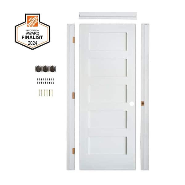 DIY RTA Kit 36 in. x 80 in. Shaker 5-Panel Left-Hand Primed Solid Core MDF Wood Single Ready To Assemble Interior Door