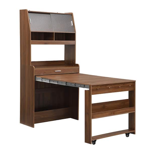 Walnut Wood 66.1 in. Buffet with Hutch and Foldable Dining Table, Storage Shelf and Side Hooks