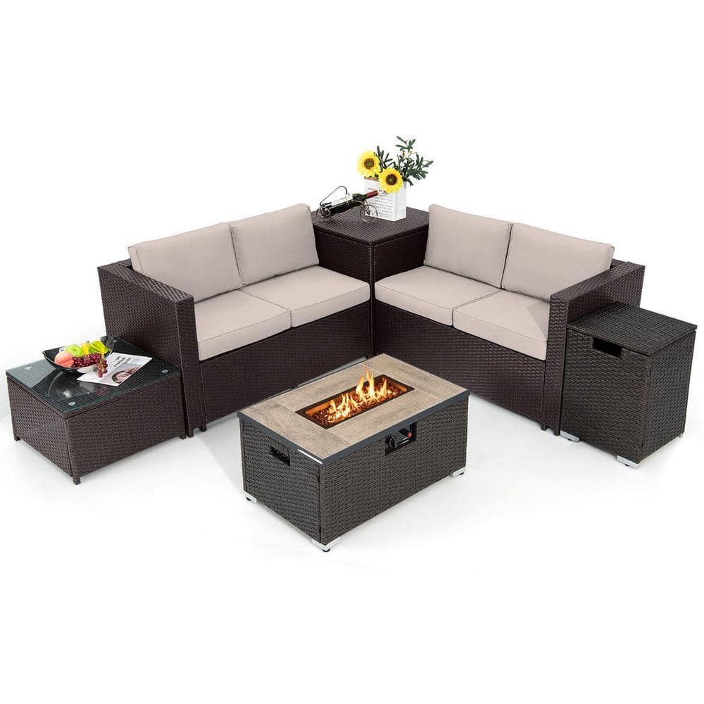 Gymax 6 Piece Patio Sofa & Fire Table Set Outdoor Wicker Rattan ...