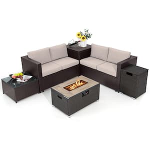 6 Piece Patio Sofa & Fire Table Set Outdoor Wicker Rattan Sectional Sofa Set w/Storage Box Beige